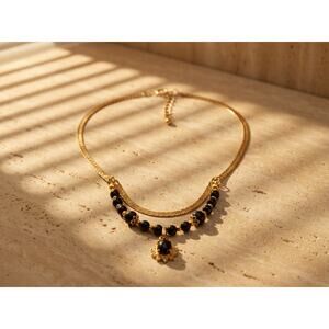 Vintage Style Gold Plated  Black Onyx Layered Necklace with 10 Cubic Zirconia
